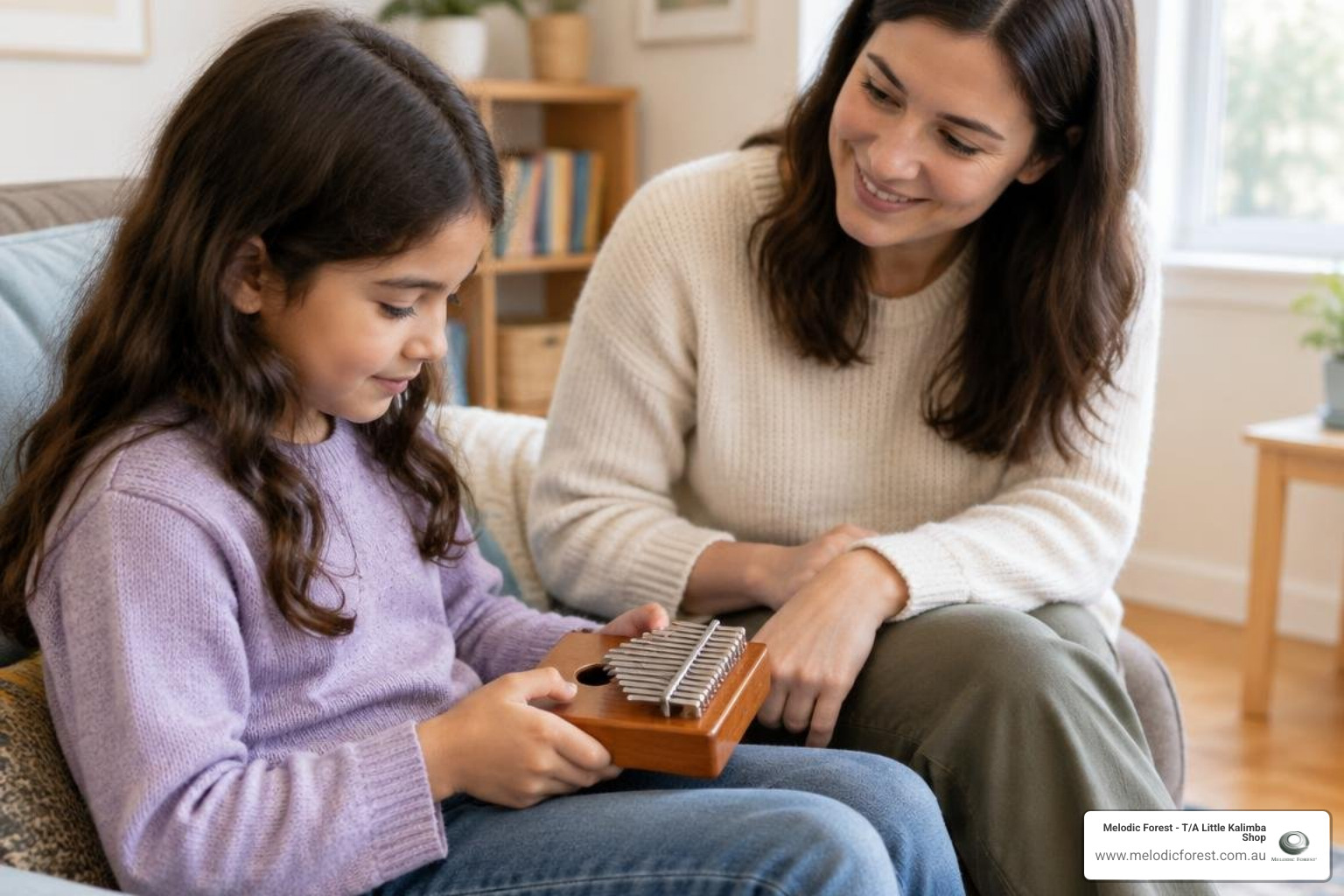 Participant playing a solid wood kalimba in a supported, supervised setting Participant playing a solid wood kalimba in a supported, supervised setting