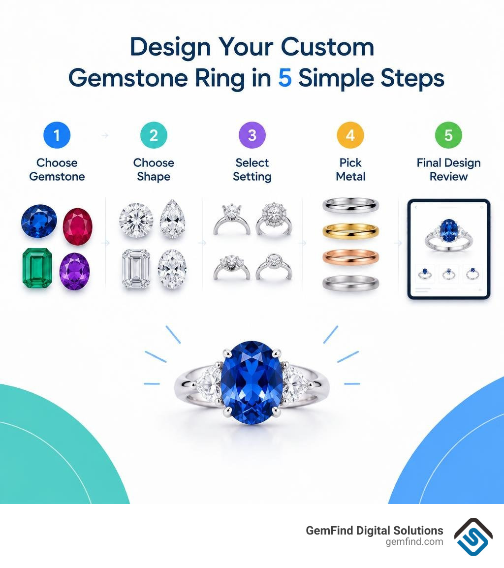 Five steps: choose gemstone, shape, setting, metal, and final design review infographic