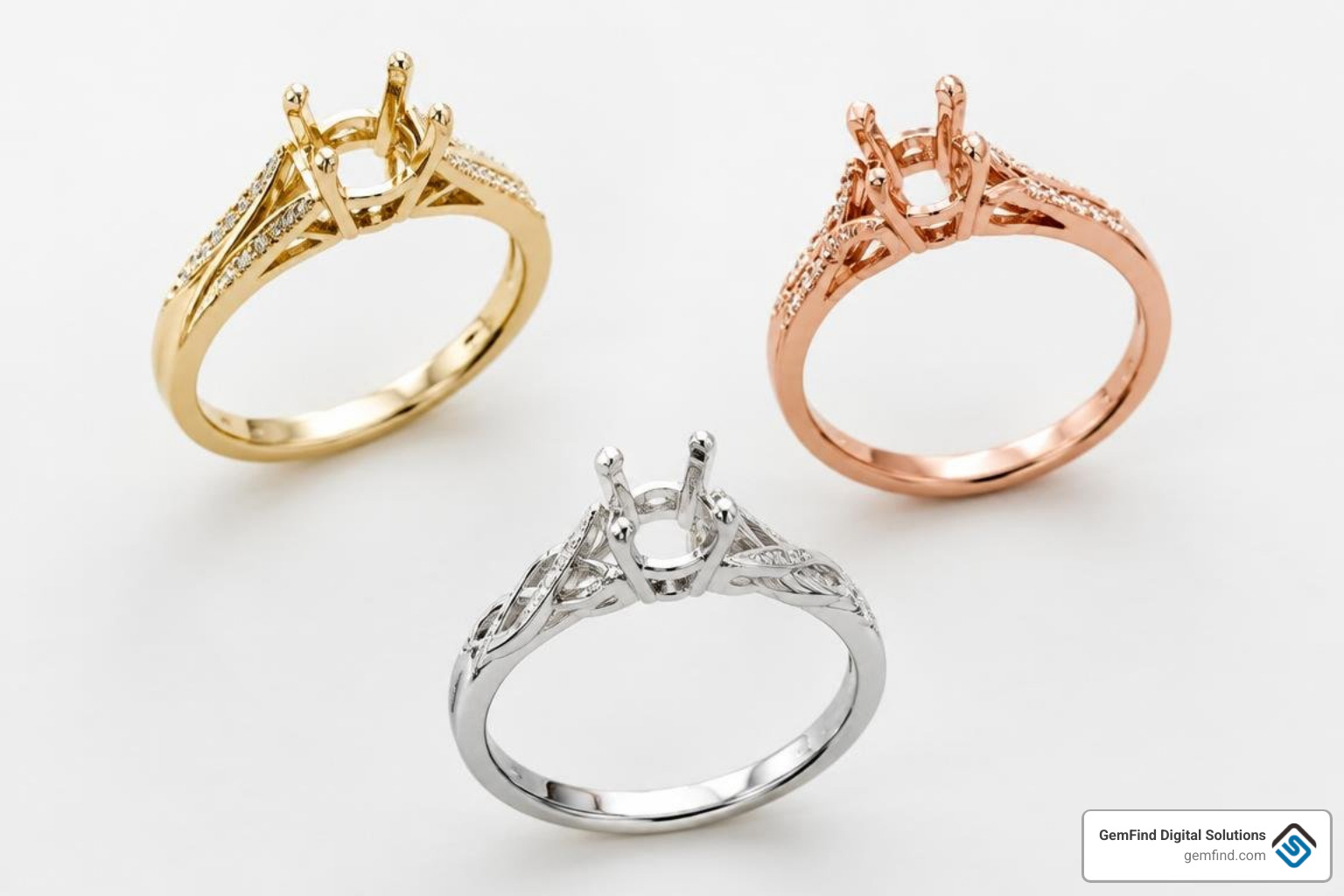 Assortment of fine jewelry ring mountings in yellow gold, rose gold, and platinum