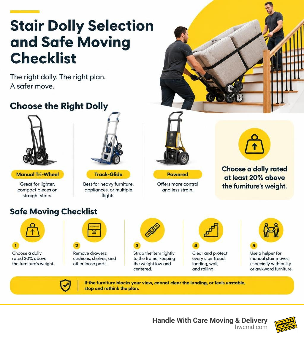 Stair dolly selection and safe moving checklist infographic