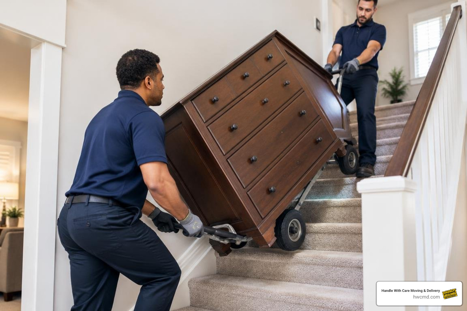 Two movers safely walking a loaded dolly up stairs