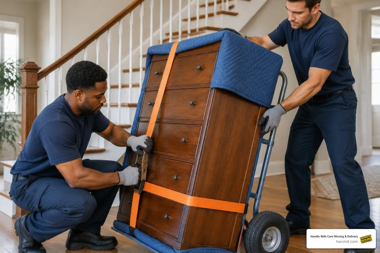 Securing a heavy dresser with ratchet straps and padding