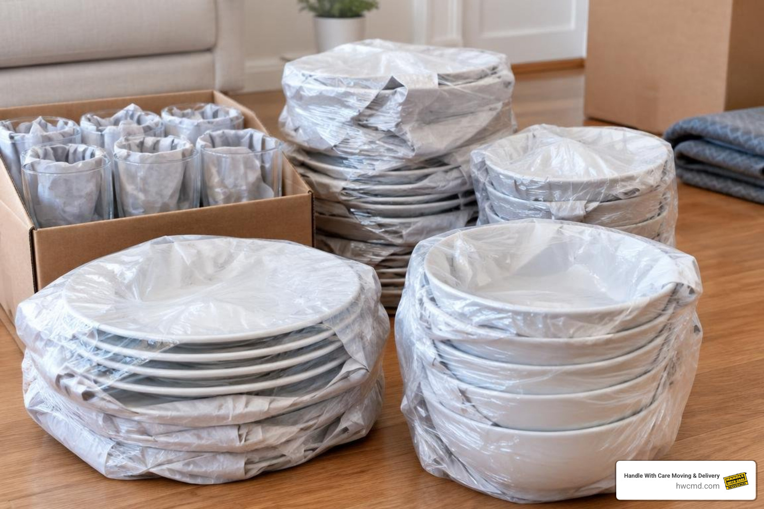 Cleanly stacked, wrapped dish bundles ready for transport