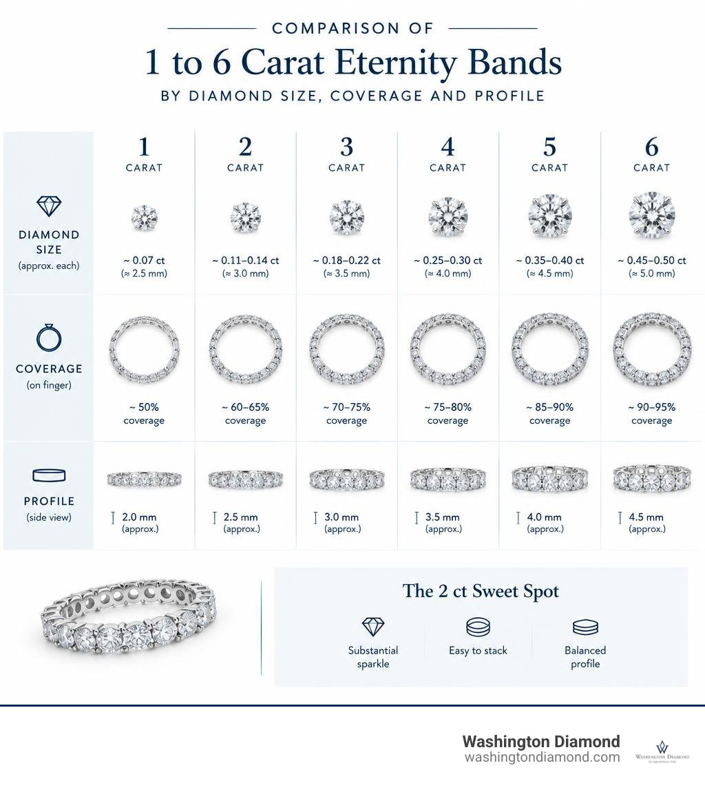 Comparison of 1 to 6 carat eternity bands by diamond size, coverage, and profile infographic