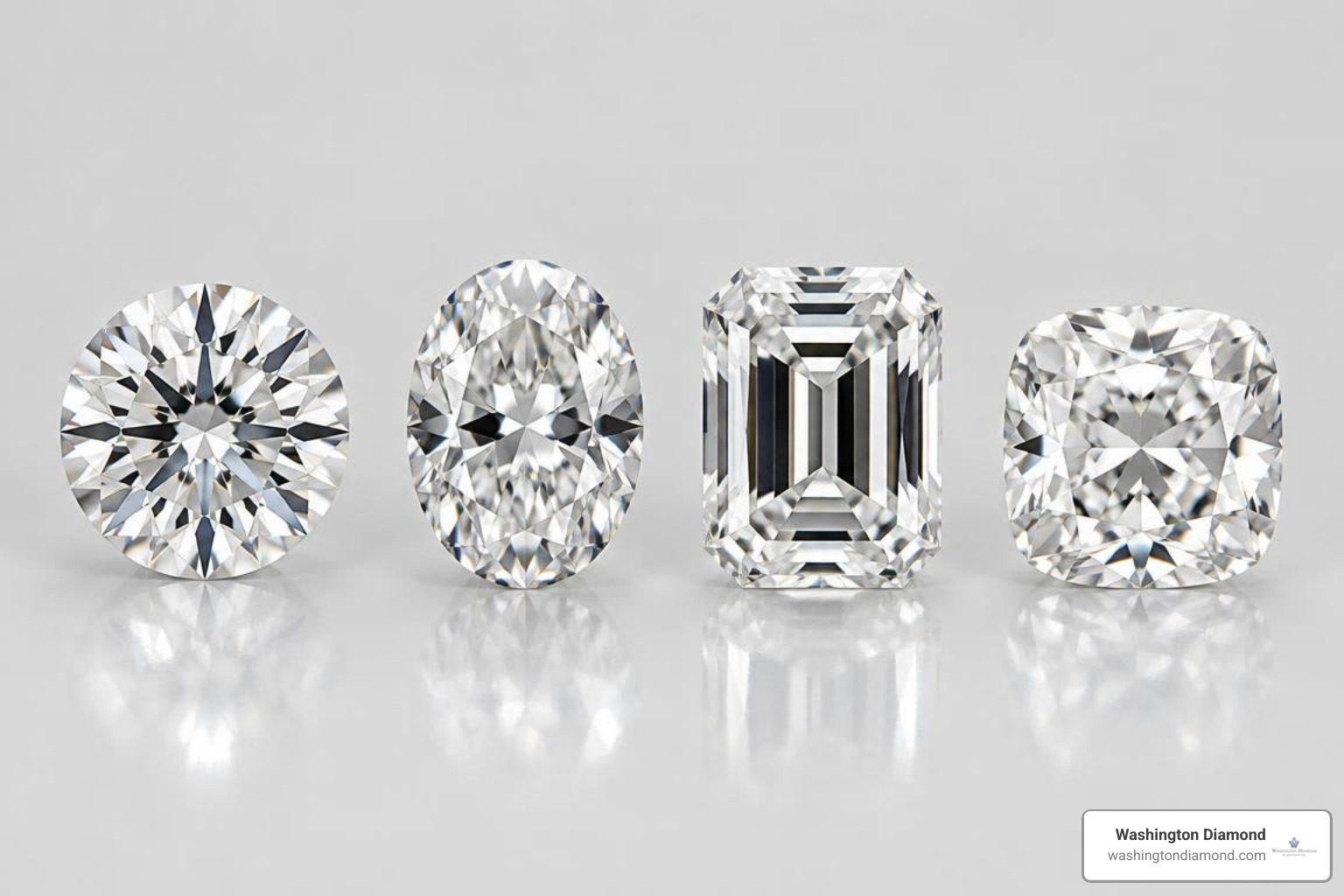 Different diamond shapes side by side including round, oval, emerald, and cushion