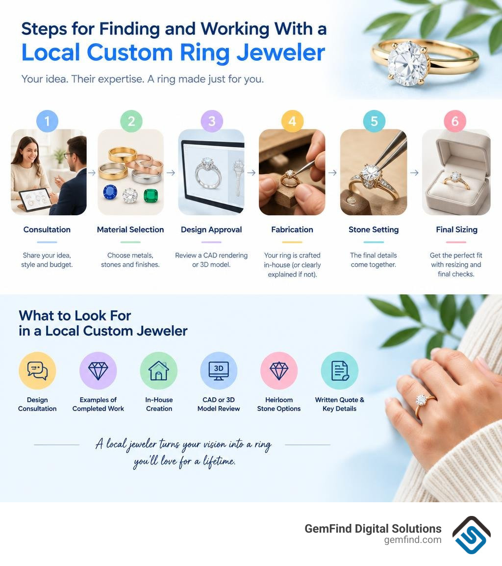 Steps for finding and working with a local custom ring jeweler infographic