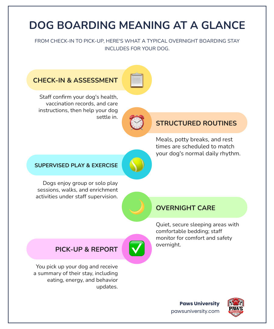 Dog boarding overview from check-in through care routine to pick-up infographic