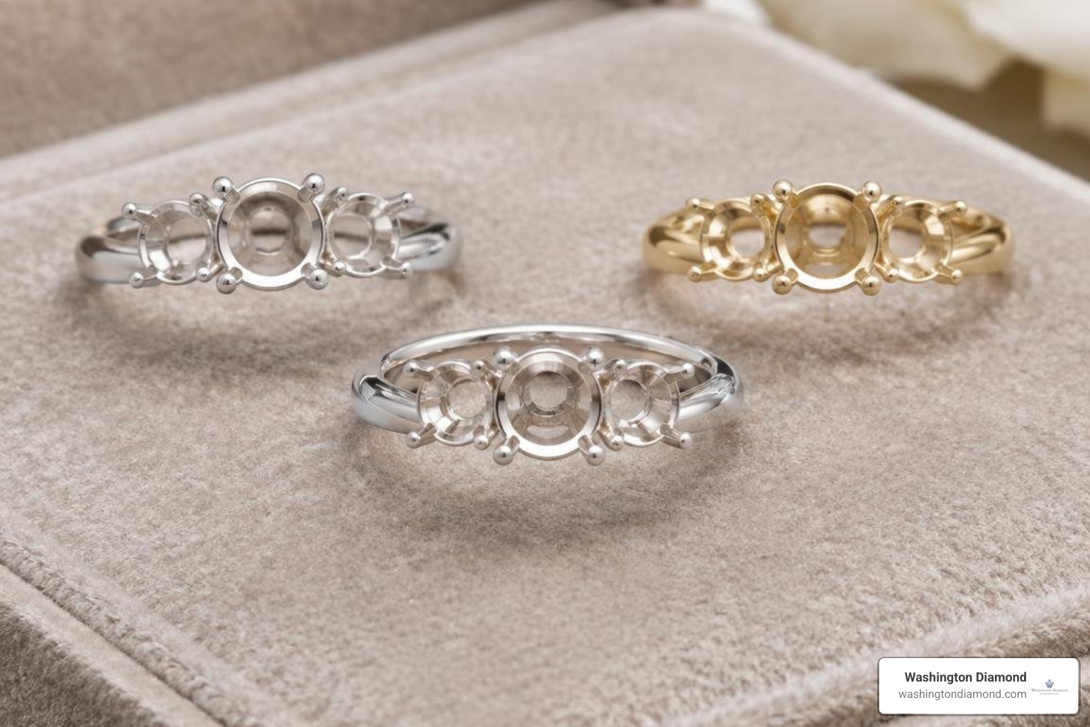 Platinum and gold three-stone ring mountings on display Platinum and gold three-stone ring mountings on display