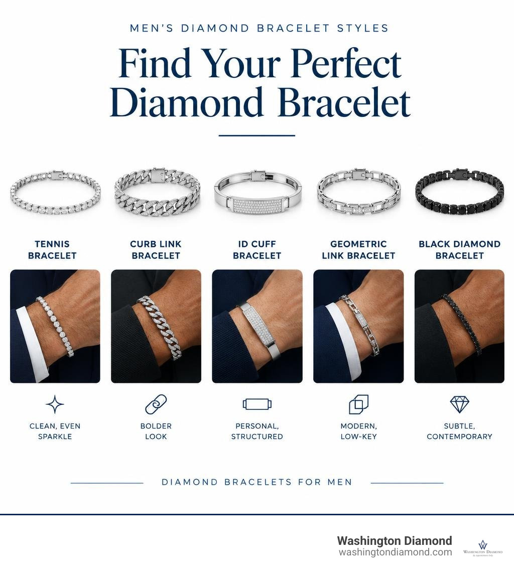 Men's diamond bracelet styles: tennis, curb link, ID cuff, geometric link, and black diamond infographic