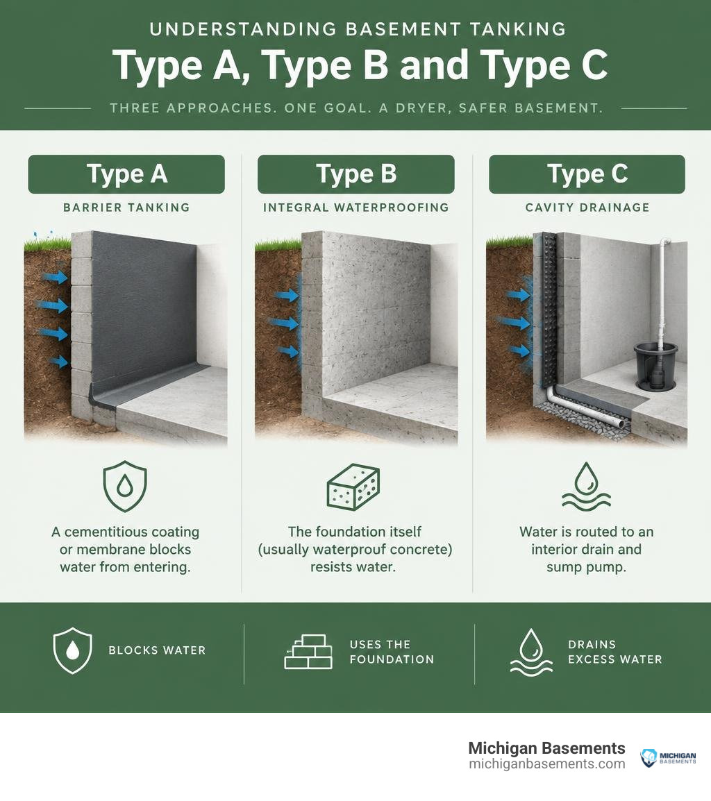 Type A barrier tanking, Type B integral waterproofing, and Type C cavity drainage comparison infographic