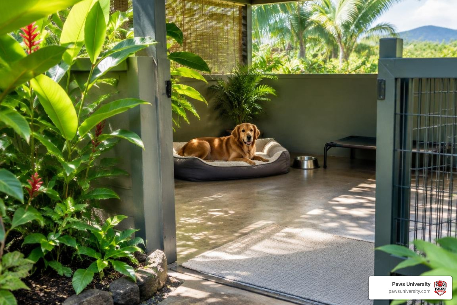low-stress quiet dog boarding suite surrounded by tropical greenery low-stress quiet dog boarding suite surrounded by tropical greenery