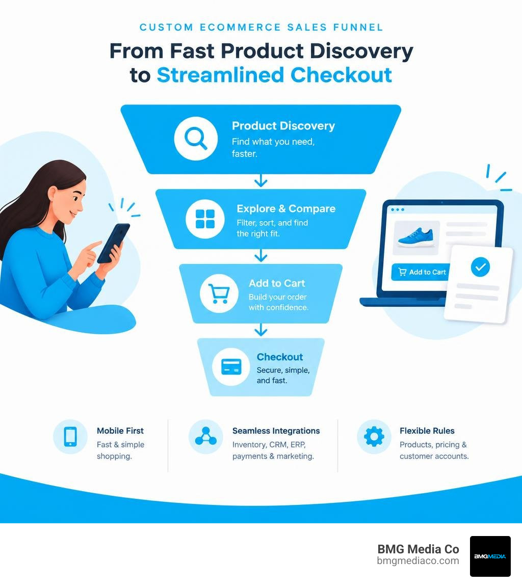 Custom ecommerce sales funnel from fast product discovery to streamlined checkout infographic
