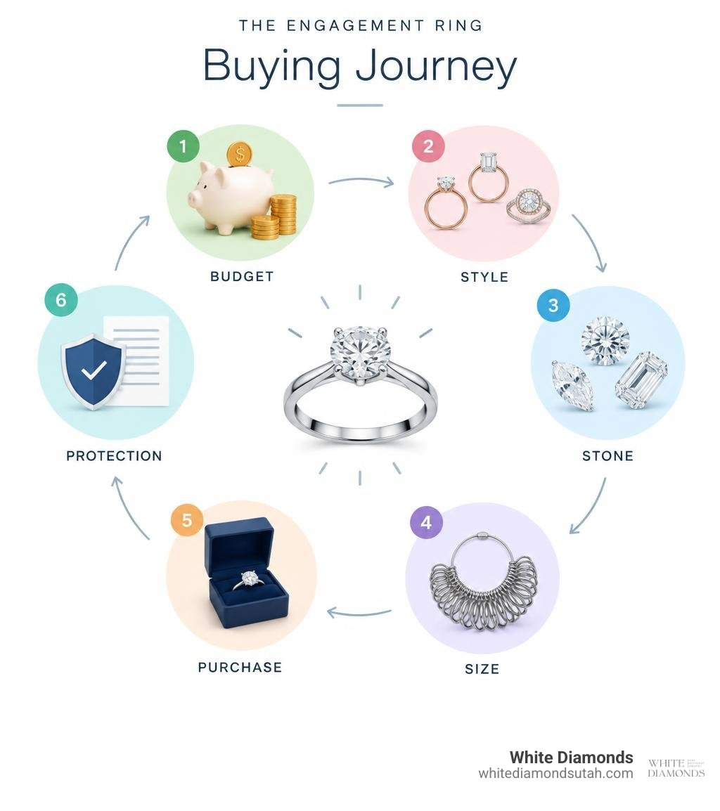 Engagement ring buying journey: budget, style, stone, size, purchase, protection infographic