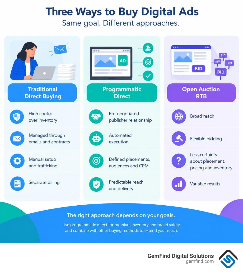 Traditional direct buying, programmatic direct, and open auction comparison infographic