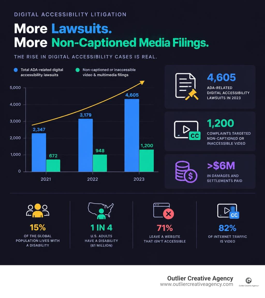Growth of digital accessibility lawsuits and non-captioned media filings infographic
