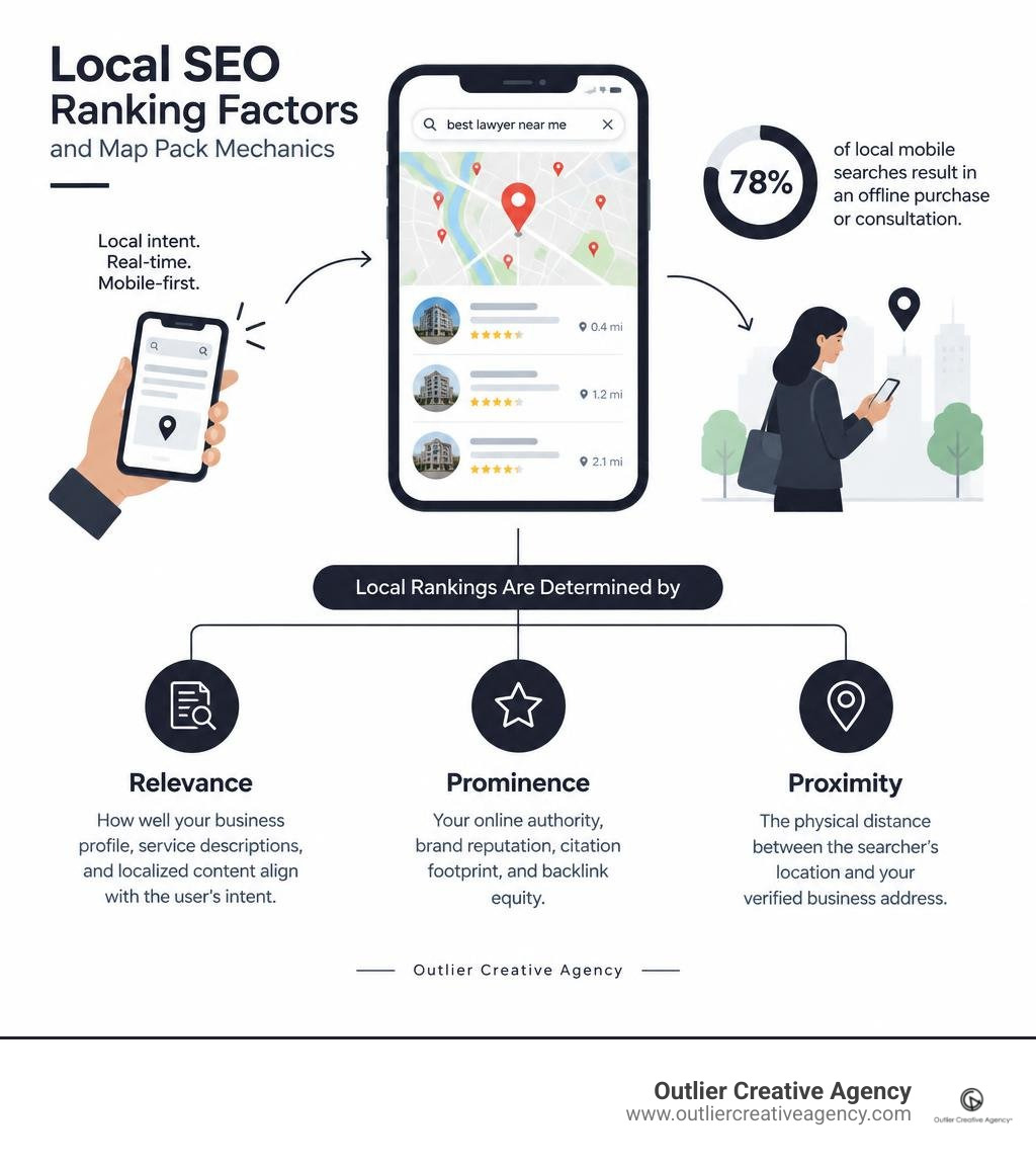 Local SEO ranking factors and map pack mechanics infographic