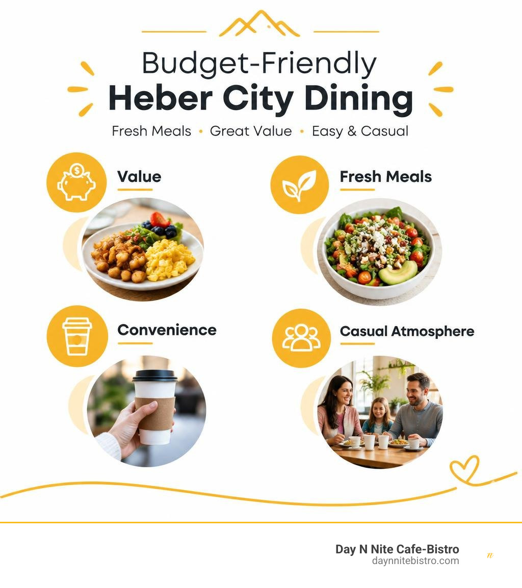Budget-friendly Heber City dining factors: value, fresh meals, convenience, and casual atmosphere infographic