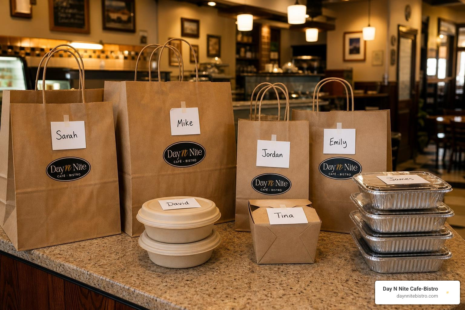 Fresh takeout orders ready for pickup at Day N Nite Cafe-Bistro