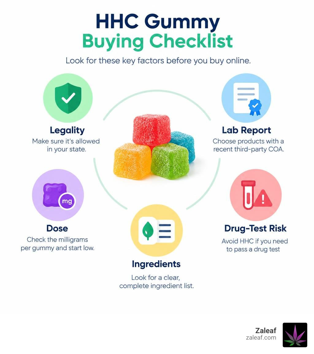 HHC gummy buying checklist: legality, lab report, dose, ingredients, and drug-test risk infographic HHC gummy buying checklist: legality, lab report, dose, ingredients, and drug-test risk infographic