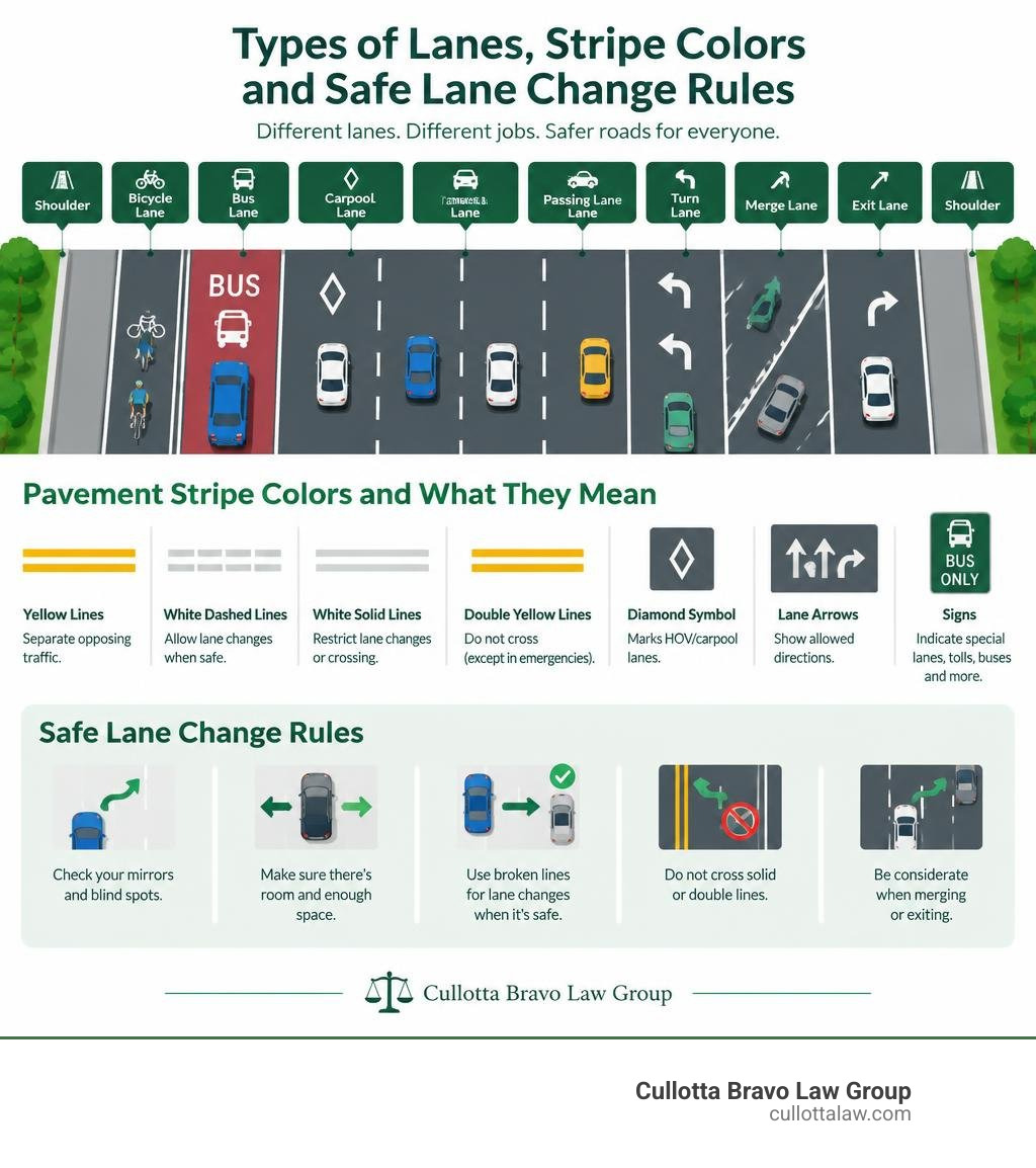 Infographic showing highway lane types, stripe colors, and safe lane change rules infographic