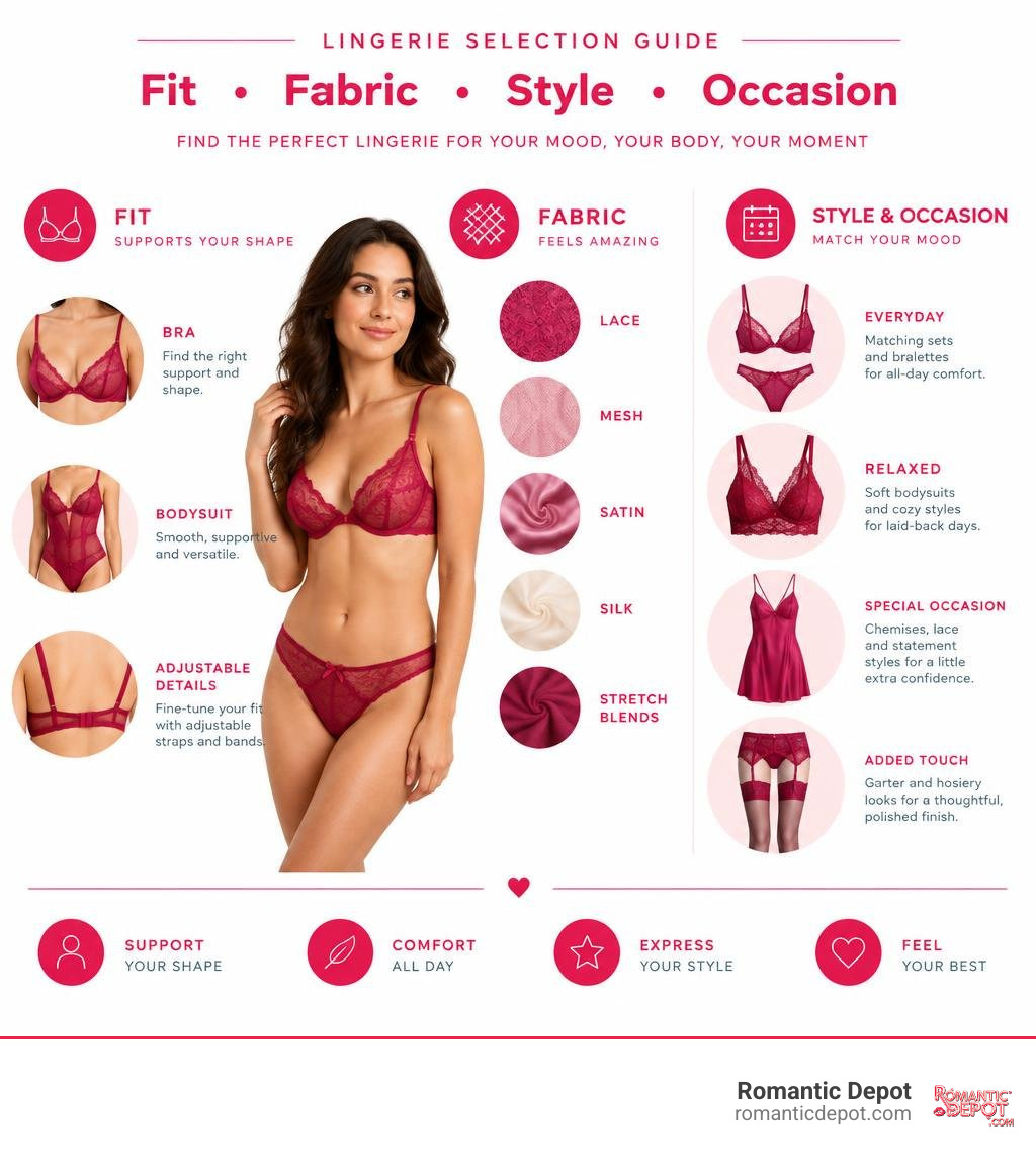 Lingerie selection guide for fit fabric style and occasion infographic