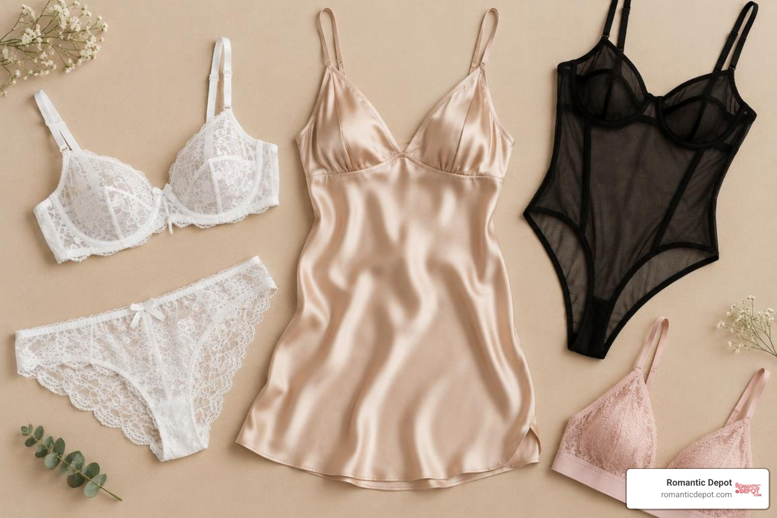 Flat-lay of diverse lace, silk, and mesh lingerie styles on a neutral background