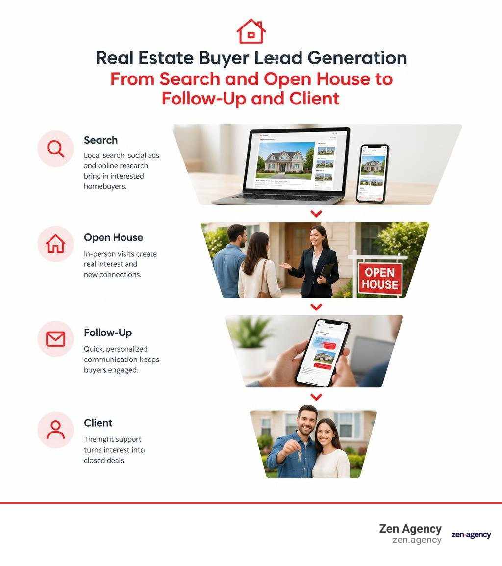 Real estate buyer lead generation funnel from search and open house to follow-up and client infographic Real estate buyer lead generation funnel from search and open house to follow-up and client infographic
