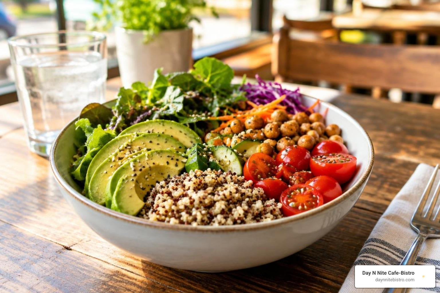 Colorful plant-based midday bowl with fresh toppings