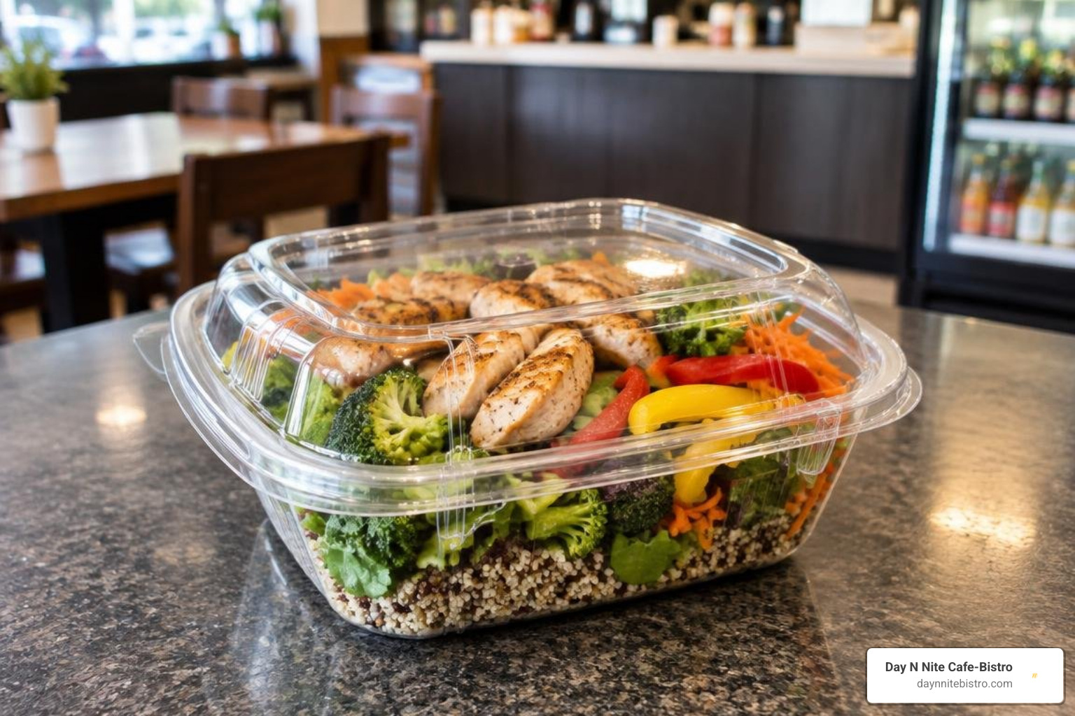 Freshly packaged takeout lunch ready for pickup