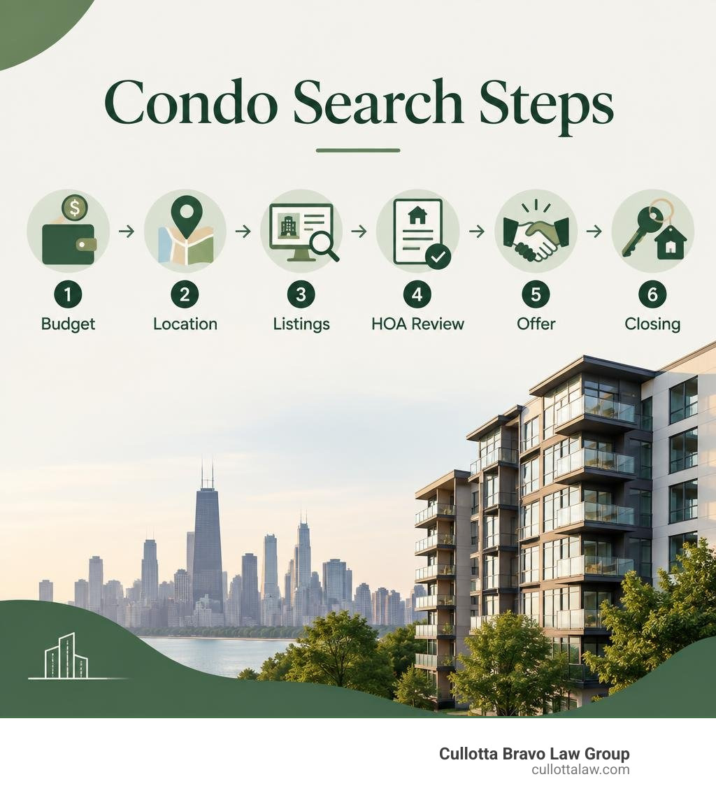 Condo search steps: budget, location, listings, HOA review, offer, closing infographic