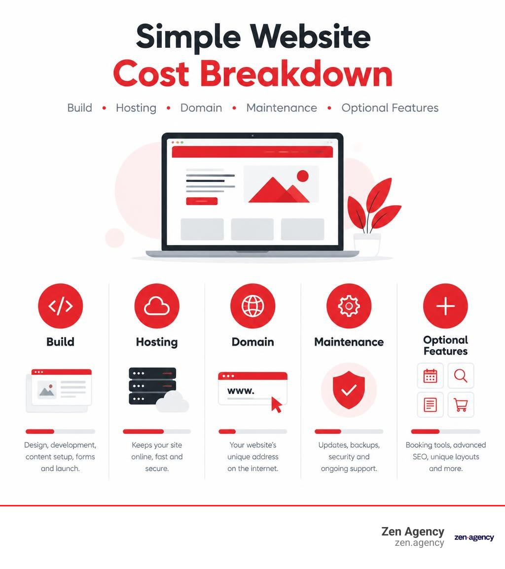 Simple website cost breakdown: build, hosting, domain, maintenance, and optional features infographic Simple website cost breakdown: build, hosting, domain, maintenance, and optional features infographic
