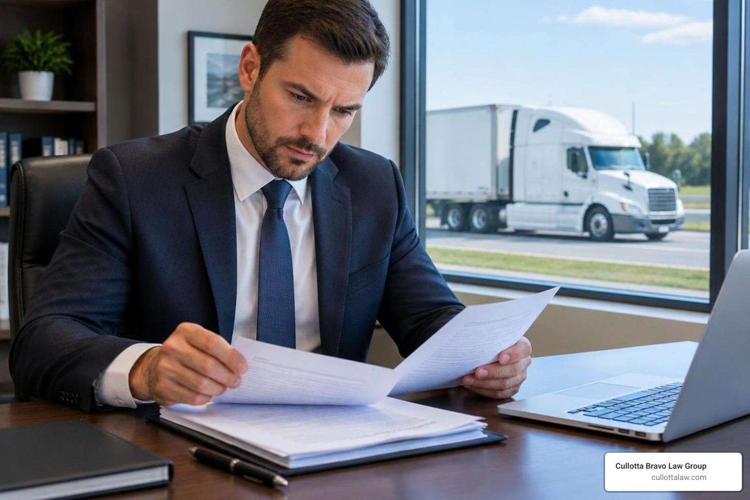 Personal injury attorney evaluating commercial fleet insurance policies