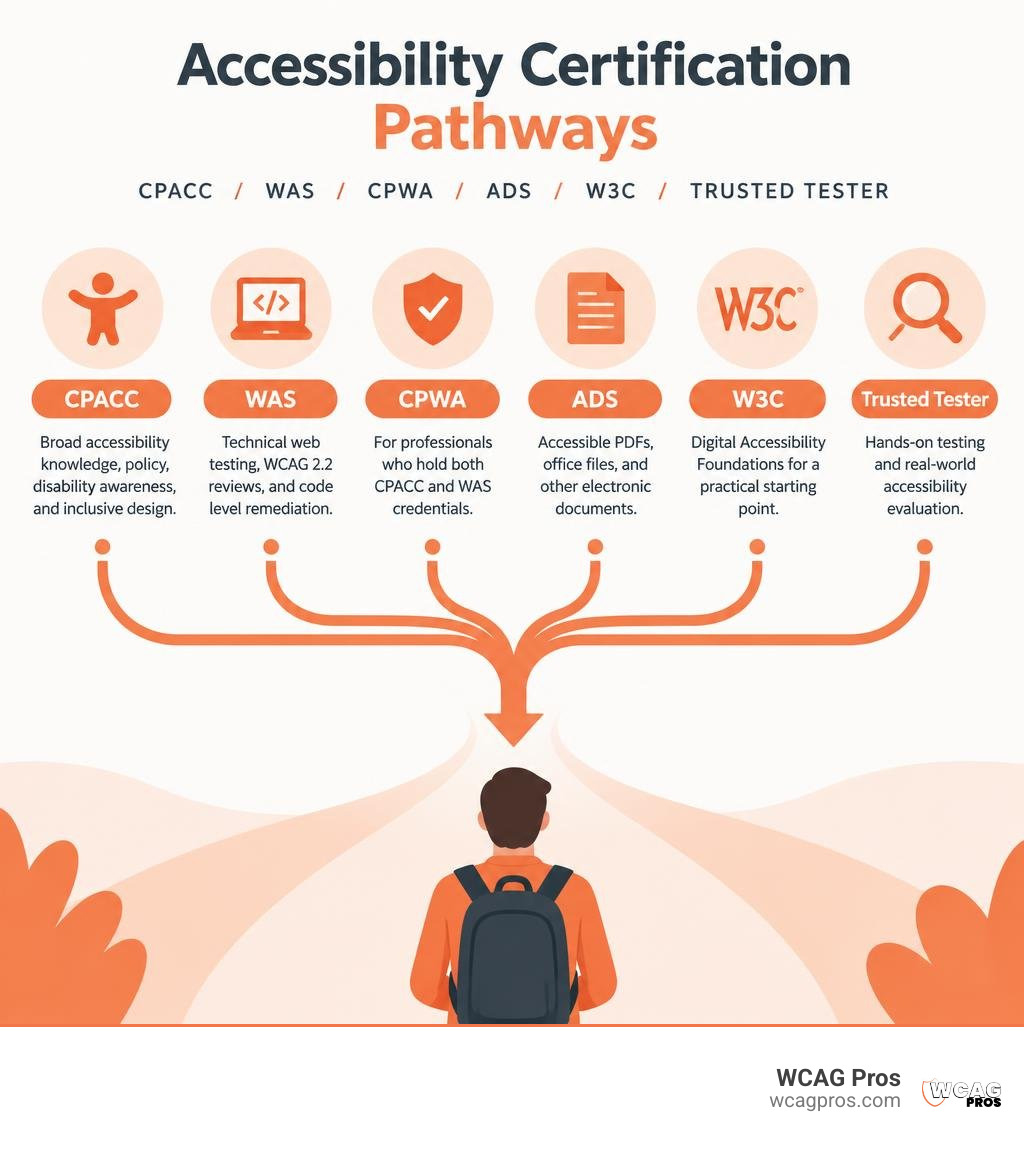 Accessibility certification pathways for CPACC WAS CPWA ADS W3C and Trusted Tester infographic Accessibility certification pathways for CPACC WAS CPWA ADS W3C and Trusted Tester infographic