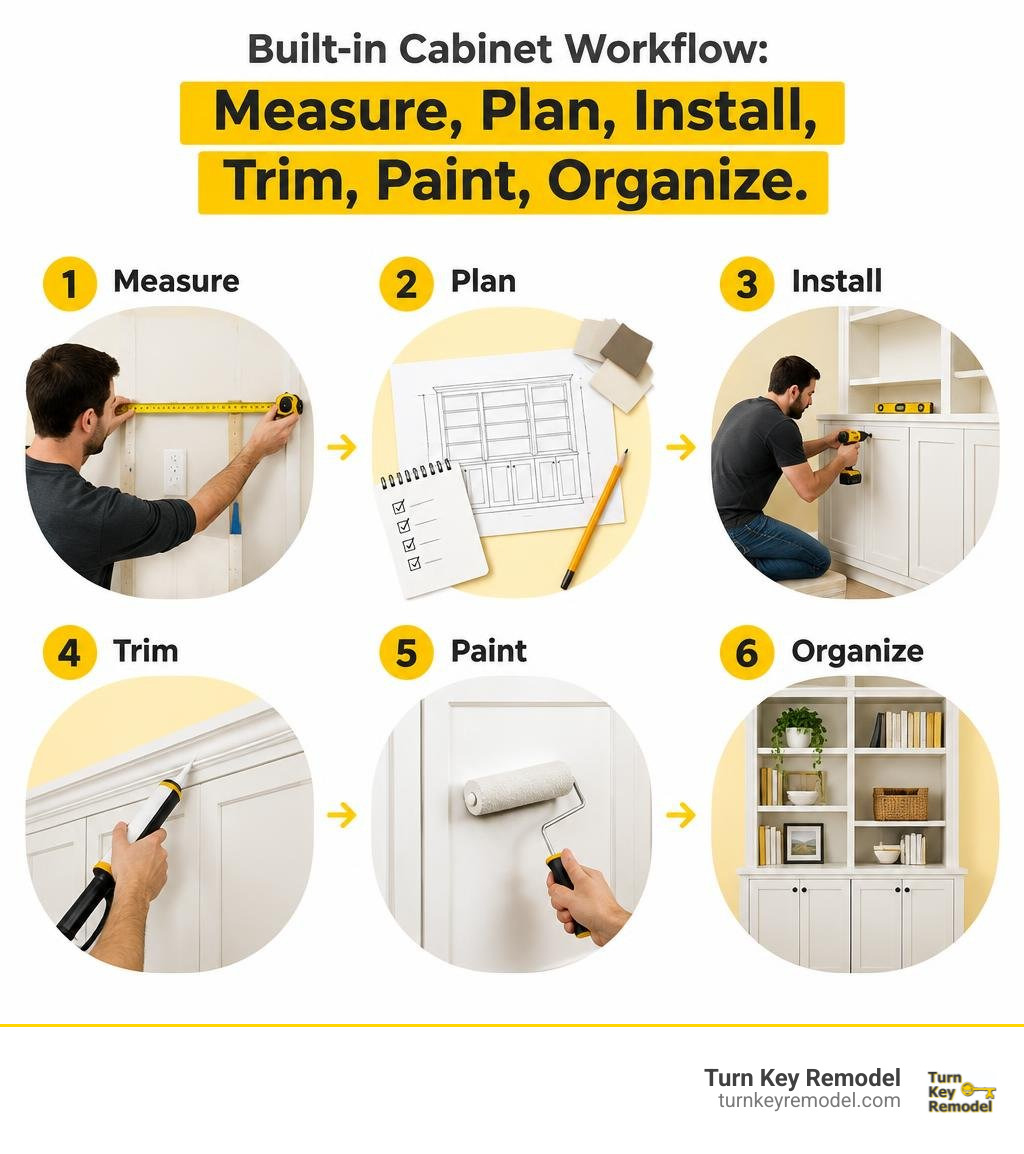 Built-in cabinet workflow: measure, plan, install, trim, paint, organize infographic Built-in cabinet workflow: measure, plan, install, trim, paint, organize infographic