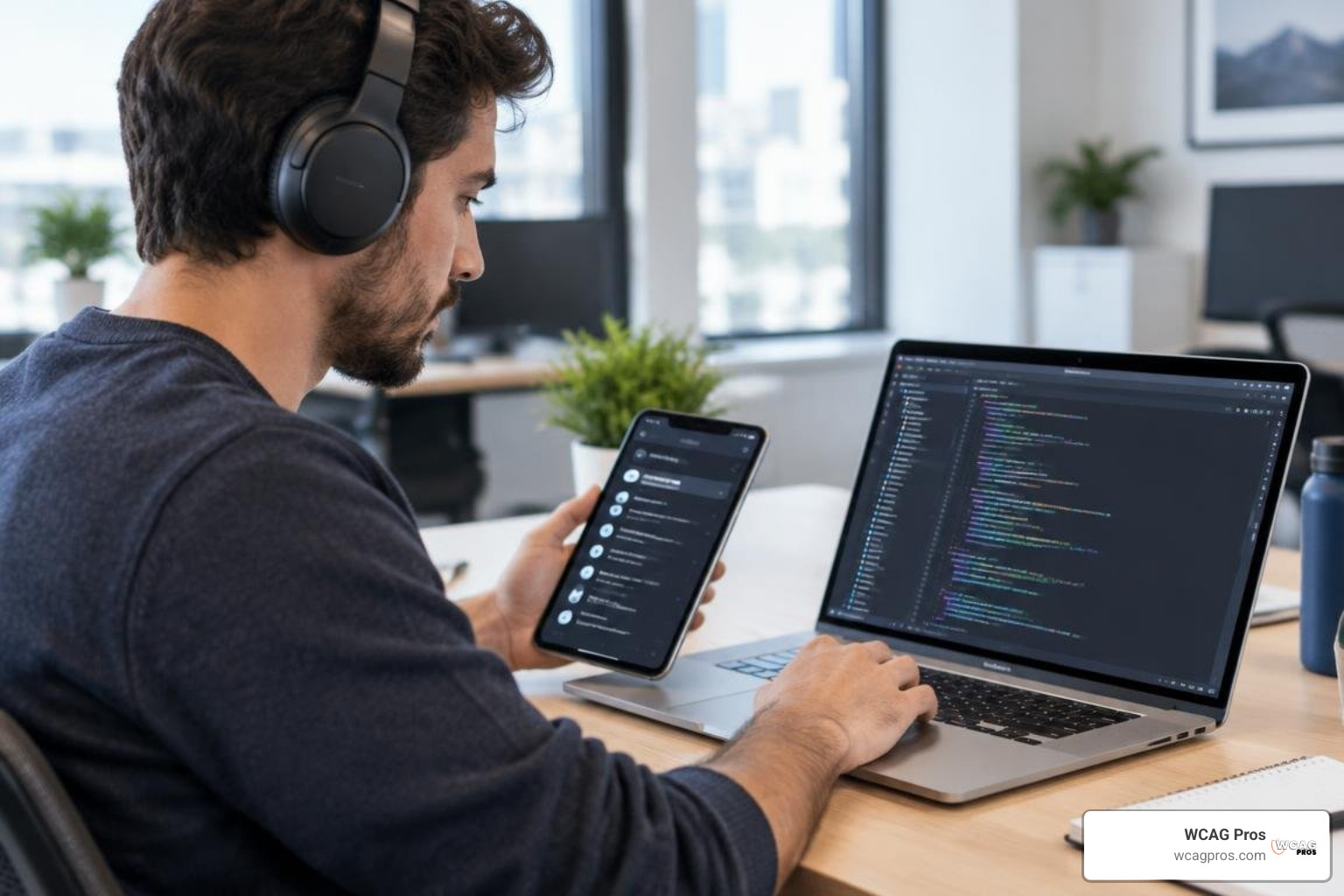 Developer performing screen reader audit and code evaluation Developer performing screen reader audit and code evaluation