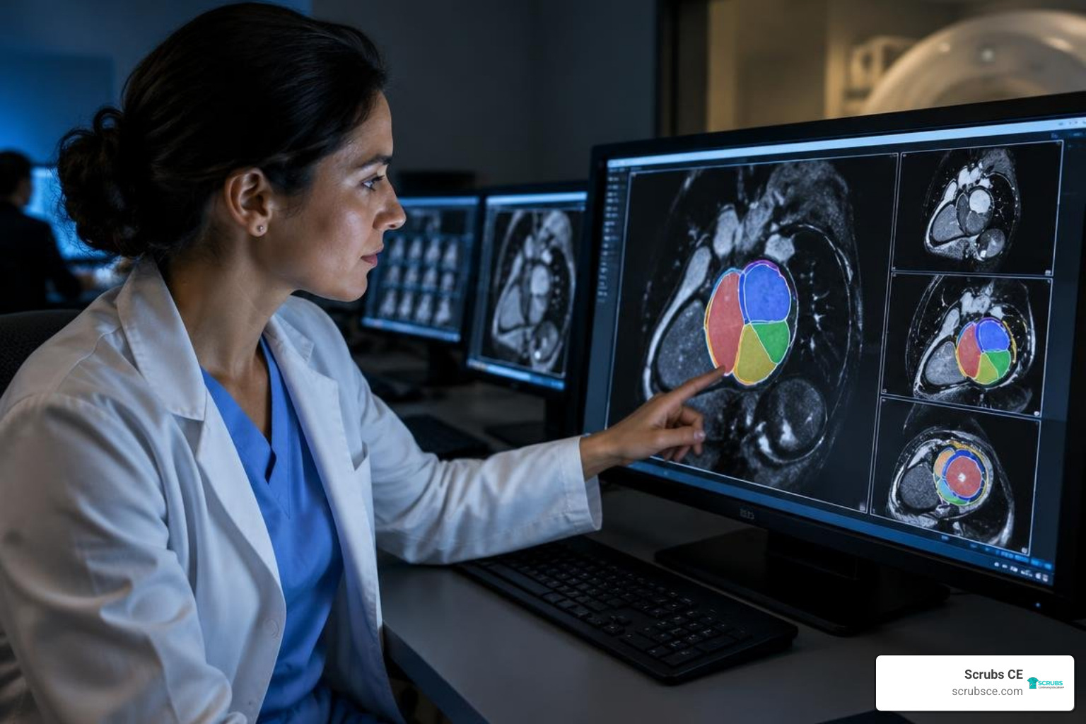 Clinician reviewing AI-assisted automated cardiac chamber segmentation Clinician reviewing AI-assisted automated cardiac chamber segmentation