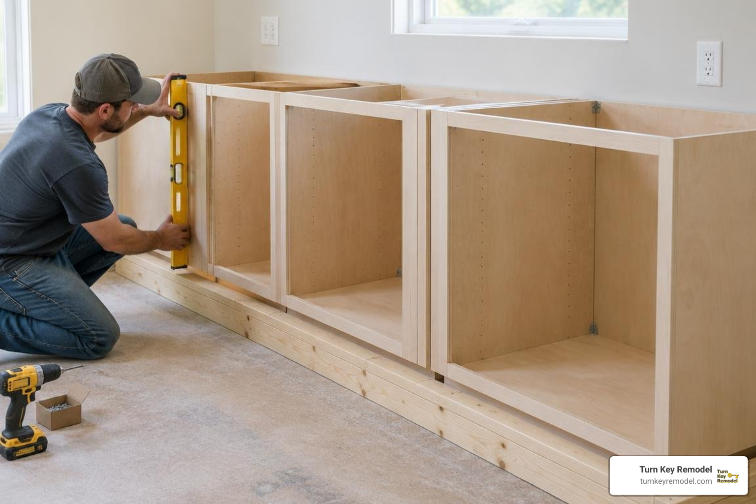 Mounting base cabinet boxes onto a level 2x4 platform Mounting base cabinet boxes onto a level 2x4 platform