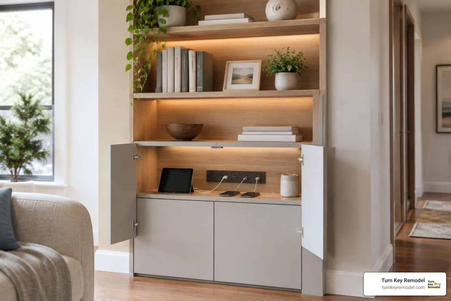 Upper open shelving integrated with concealed lower charging station Upper open shelving integrated with concealed lower charging station