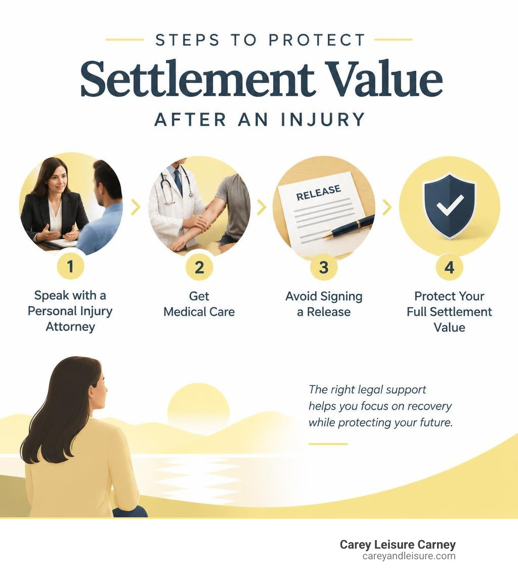 Infographic showing steps to protect settlement value after an injury infographic