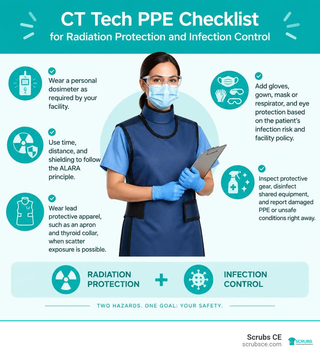 CT tech PPE checklist for radiation protection and infection control infographic CT tech PPE checklist for radiation protection and infection control infographic