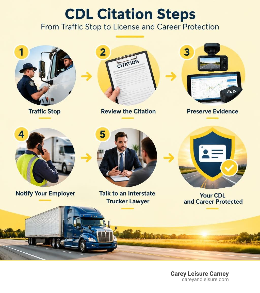 CDL citation steps from traffic stop to license and career protection infographic