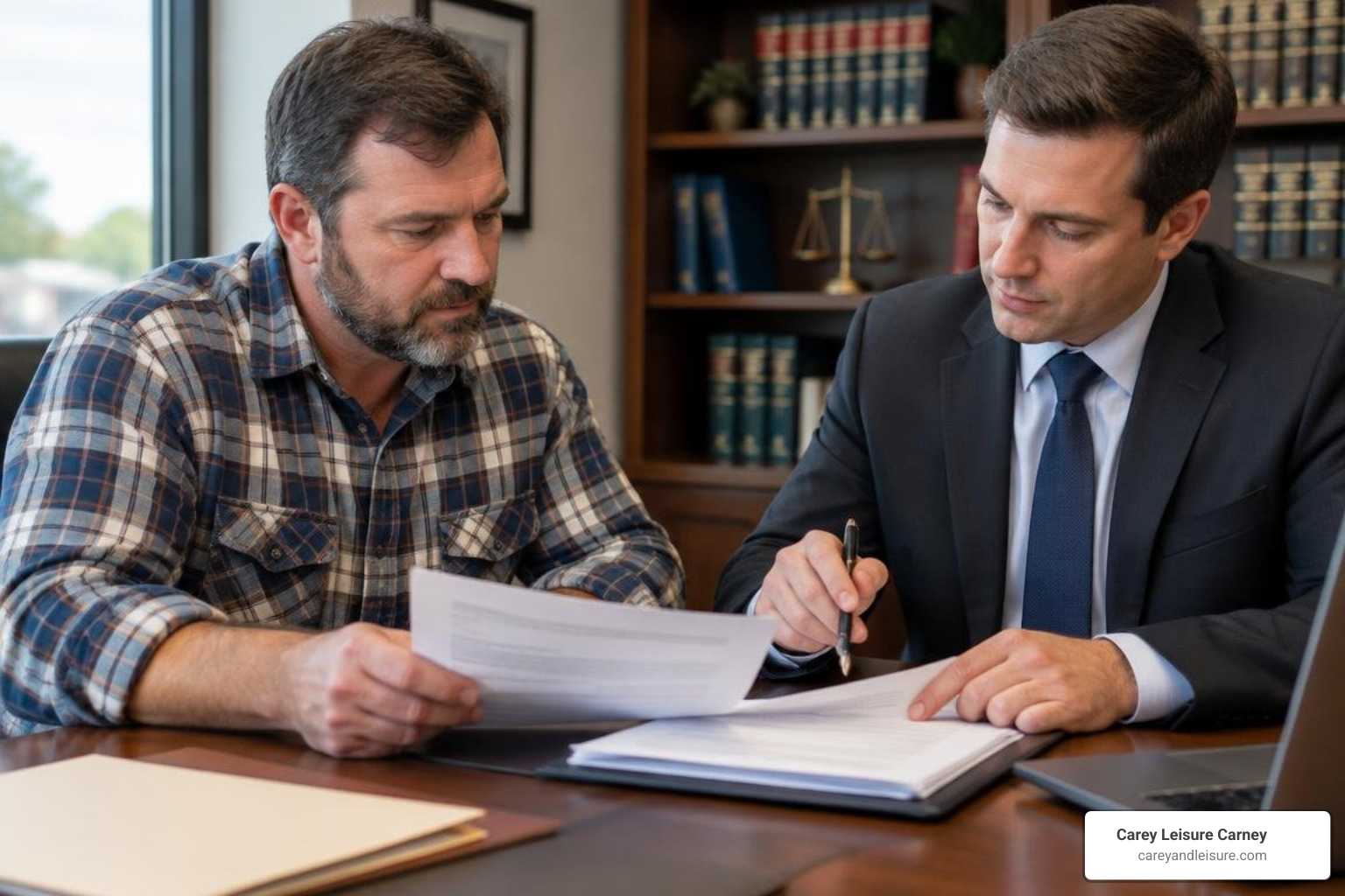 commercial driver reviewing FMCSA regulations with legal counsel