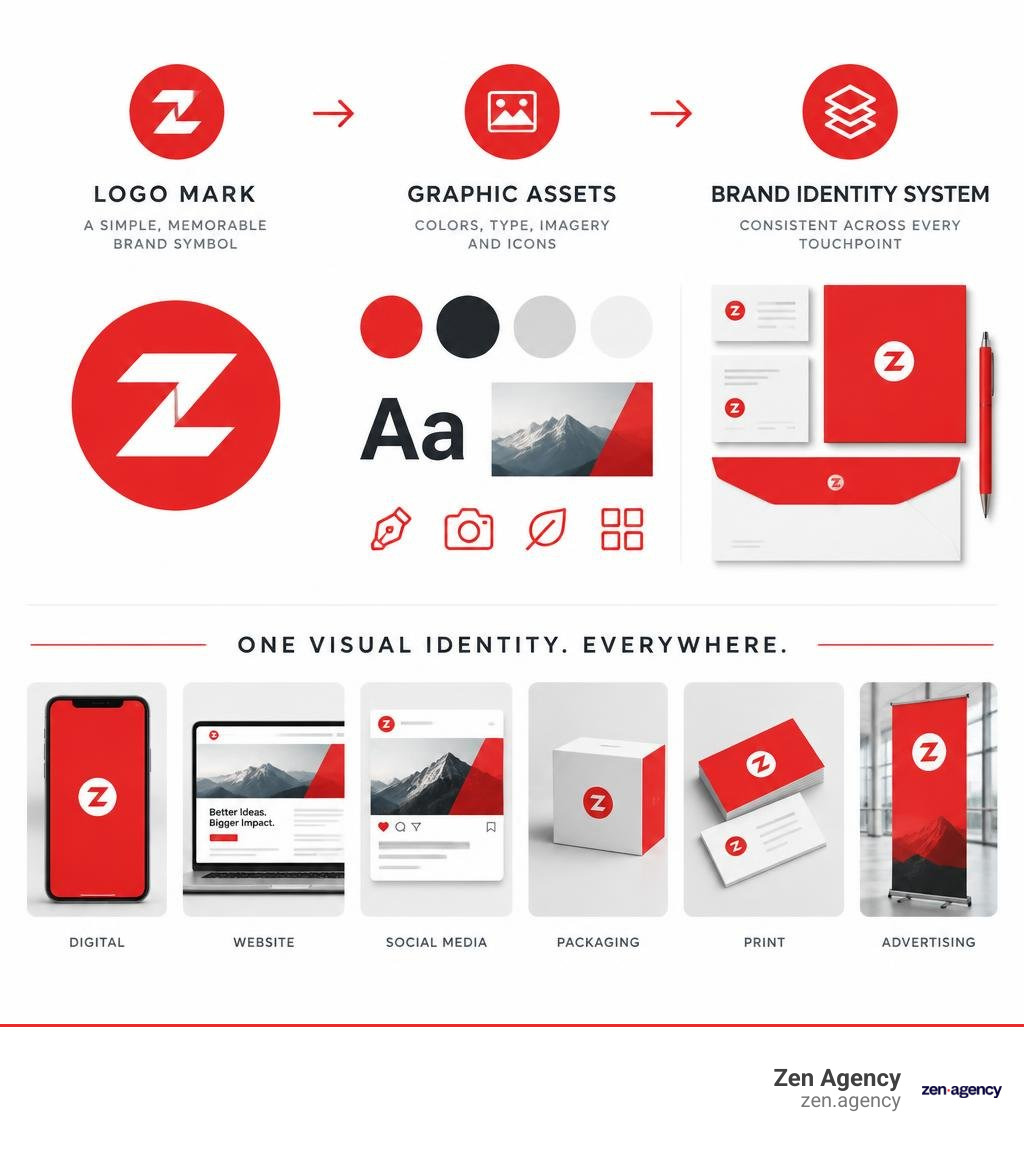 Infographic showing logo mark, graphic assets, and complete brand identity system infographic Infographic showing logo mark, graphic assets, and complete brand identity system infographic
