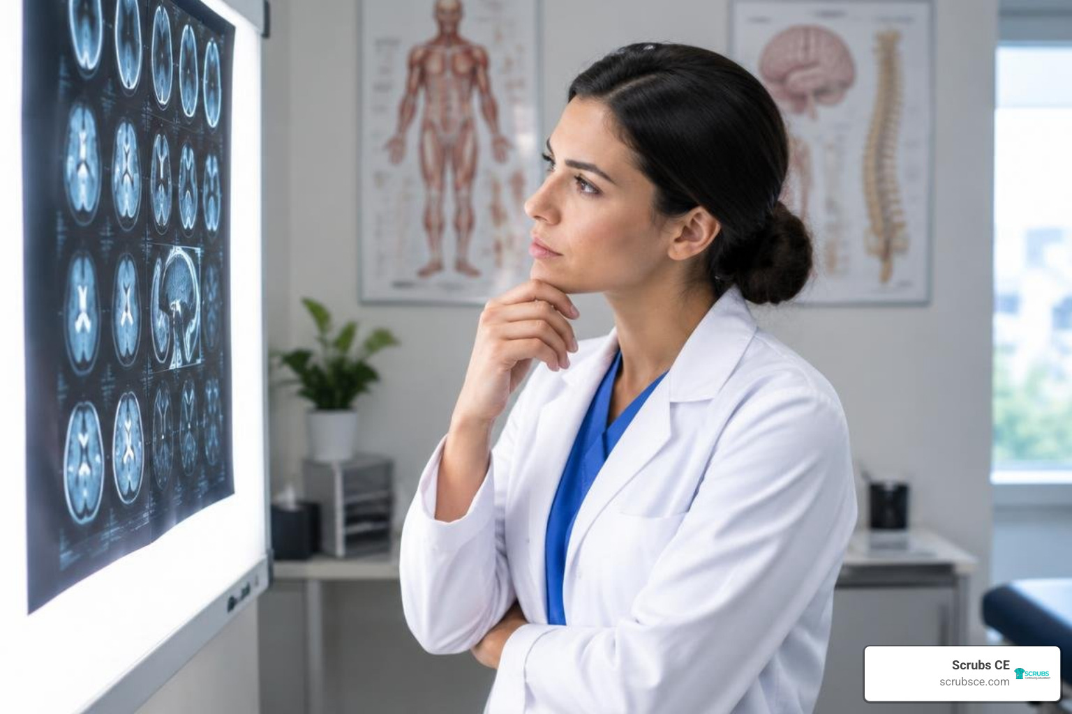 Clinician evaluating diagnostic scan alongside anatomical charts Clinician evaluating diagnostic scan alongside anatomical charts