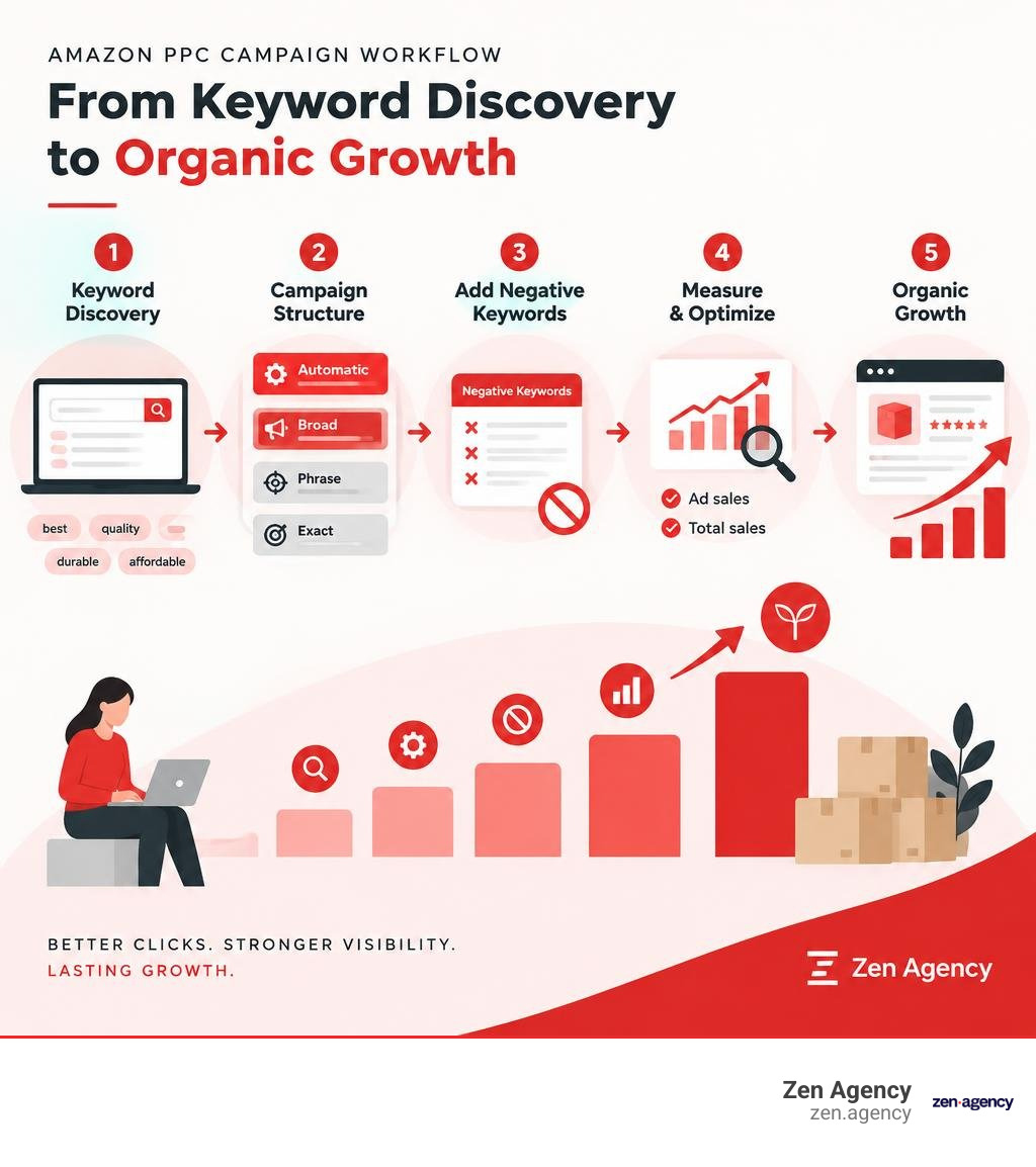 Amazon PPC campaign workflow from keyword discovery to organic growth infographic Amazon PPC campaign workflow from keyword discovery to organic growth infographic