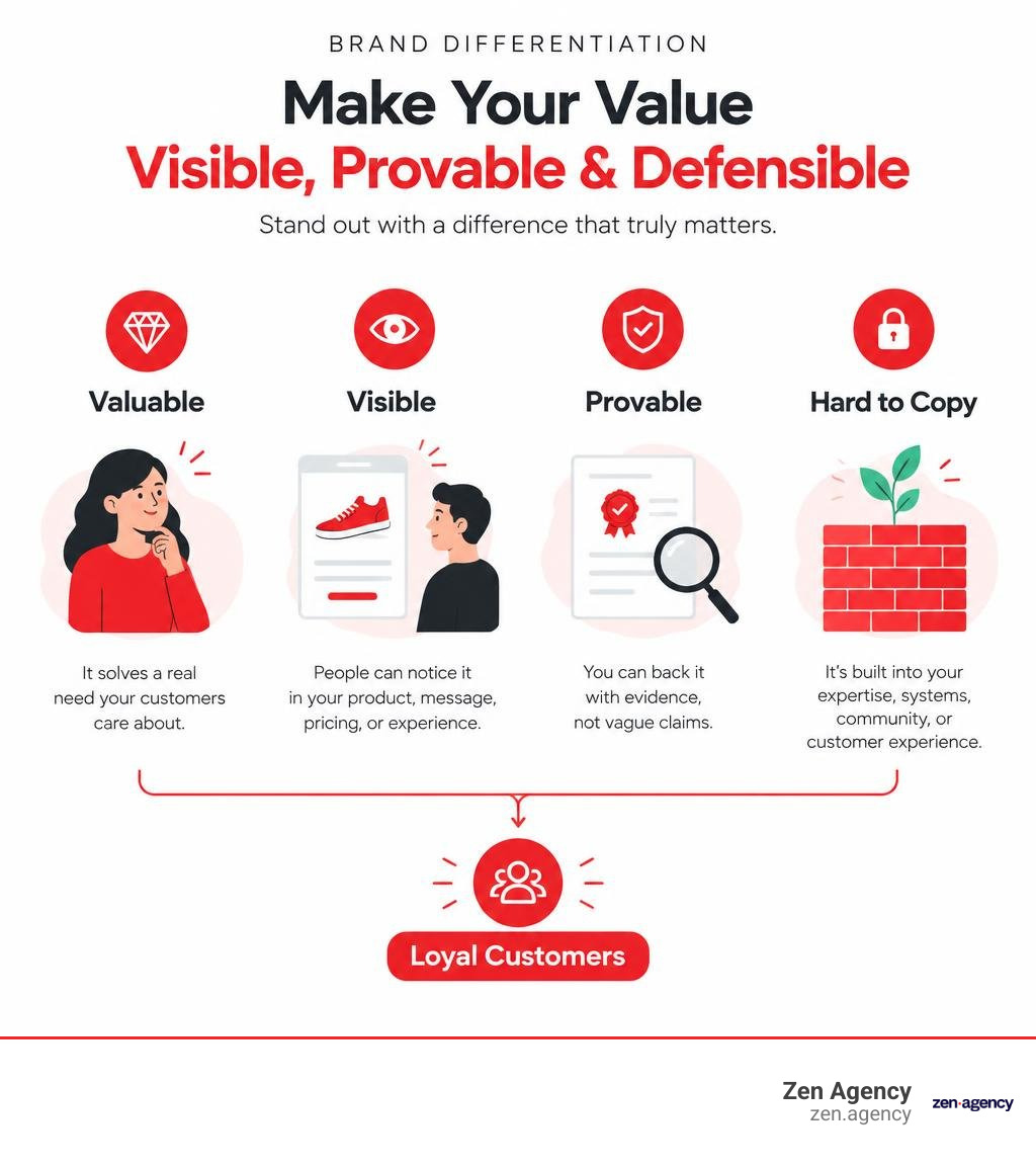 Infographic showing valuable visible provable and defensible brand differentiation infographic Infographic showing valuable visible provable and defensible brand differentiation infographic