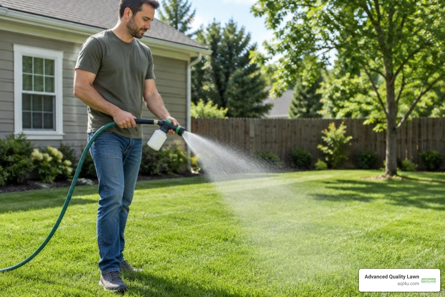 homeowner applying yard spray with garden hose attachment