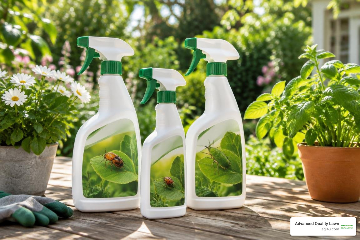 plant based outdoor insecticide bottles on garden table