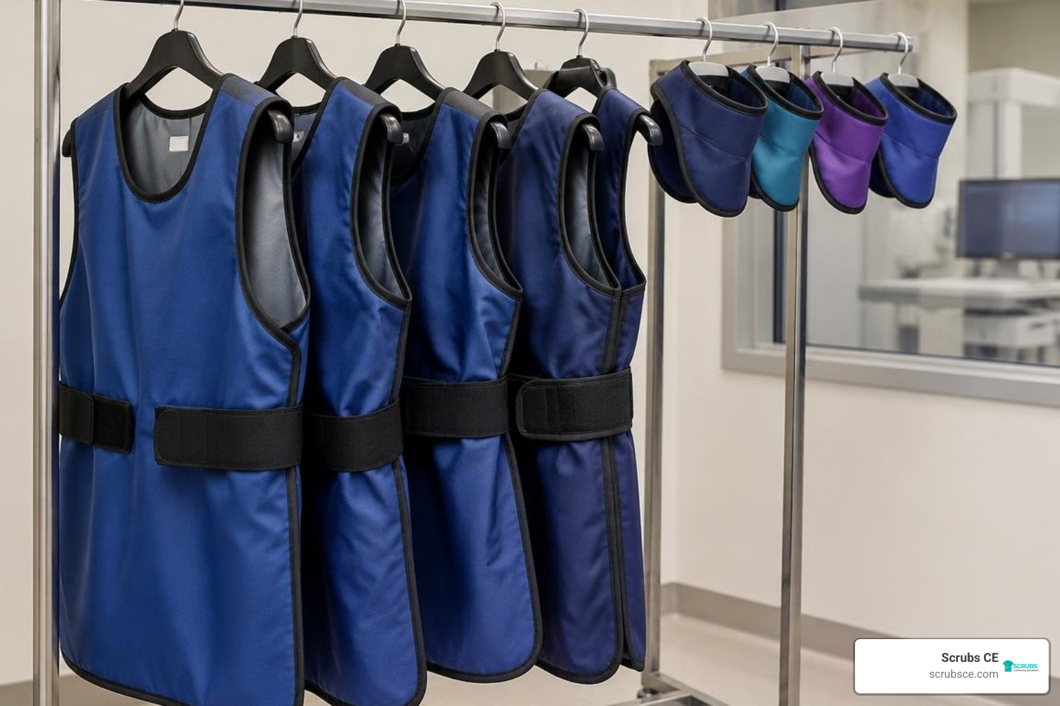 Lead aprons and thyroid collars on an inspection rack Lead aprons and thyroid collars on an inspection rack