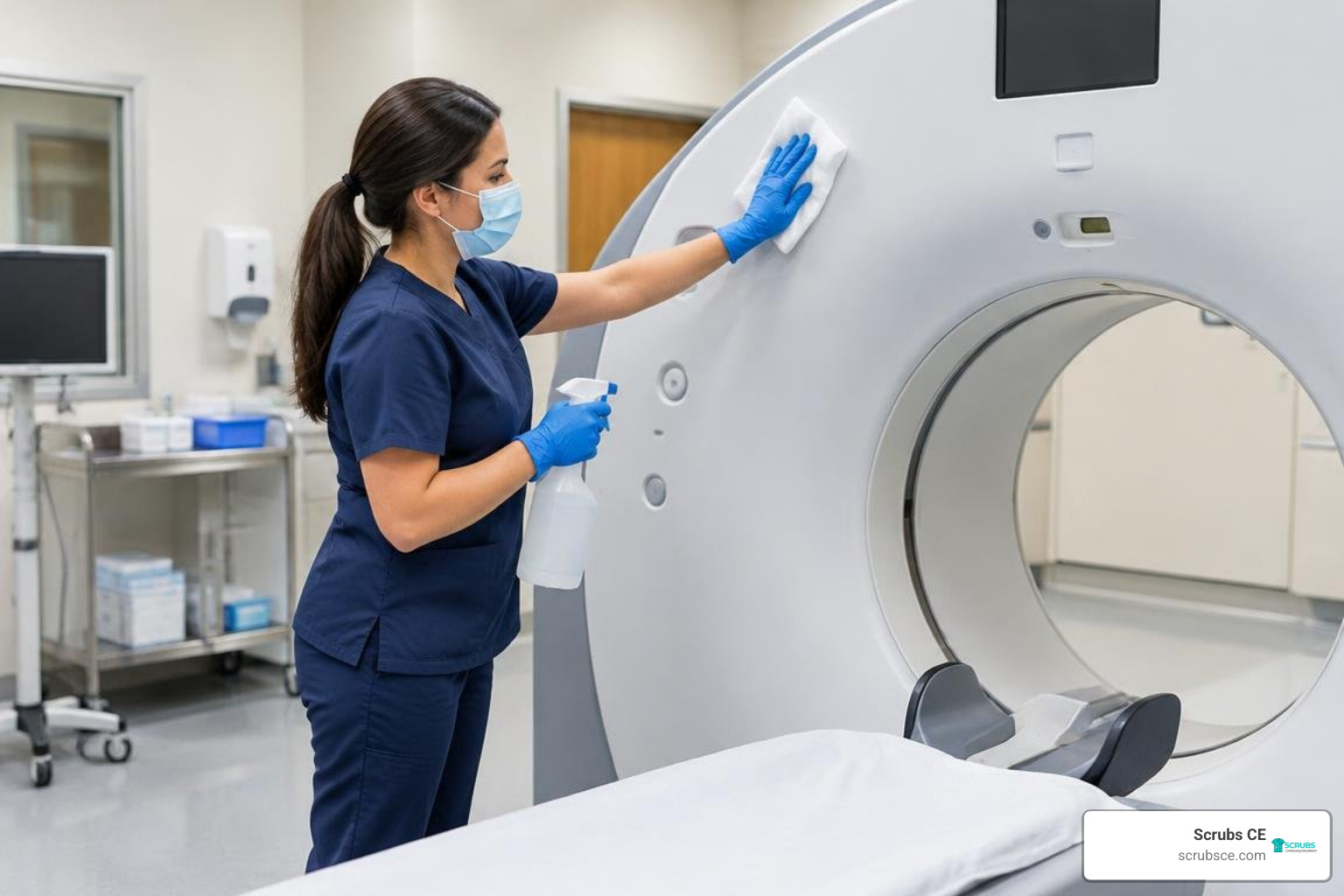 Technologist sanitizing CT equipment Technologist sanitizing CT equipment